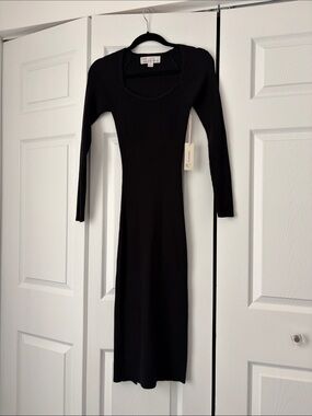 Vintage Havana Black Ribbed Long-Sleeve Midi Dress